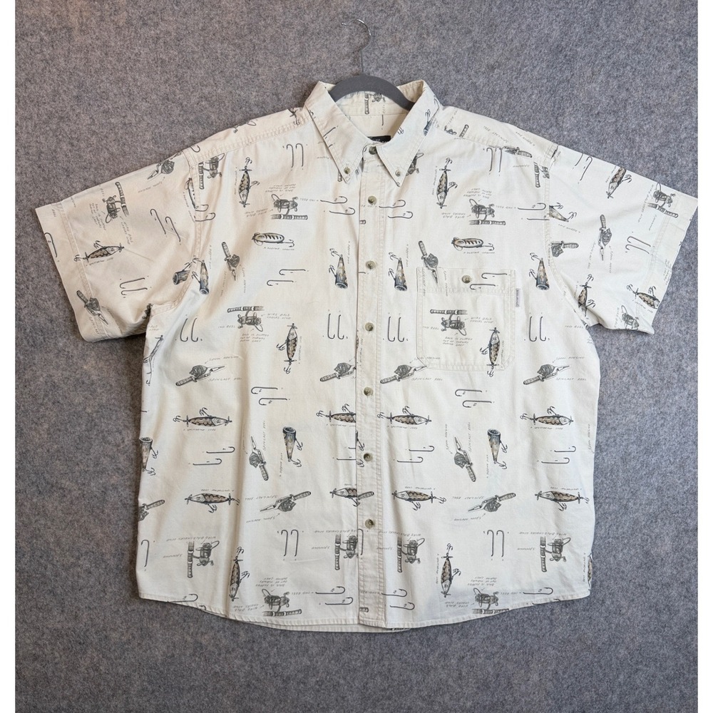 Vintage 90s Woolrich Fishing Print Button Down Shirt Mens 2XL Cream AOP Cotton